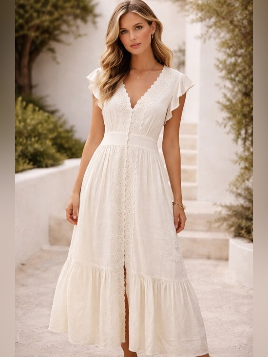 lovestitch Dresses & Skirts - Lovestitch Adeline Maxi Dress Size Medium Eyelet Linen Blend Bohemian Tiered